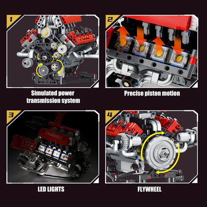 OWNONE 1 V8 Engine Model Kit that Work - 8-Cylinder Visible Engine Building Blocks Set with Motor, LED Light & APP Control - Build Your Own Engineering Kit, STEM Project for Adults & Kids (660 PCS)