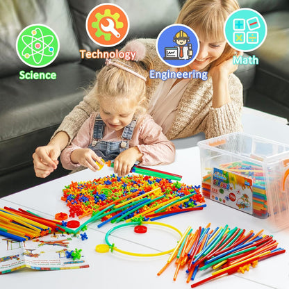 Ggiibro Straw Constructor Toys 600Pcs STEM Building Toy Interlocking Plastic Engineering Thin Tube Blocks Educational Kit for 3 4 5 6 7years Kids Boys and Girls Gift Preschool Toy with Storage Box