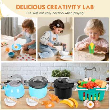 130Pcs Kitchen Playset, Toddler Pretend Cooking Play Pots, Pans, Utensils Cookware, Daily Food Fruit Veges, Shopping Storage Basket, Dessert, Prop Money, Learning Gift for Child (Pink)