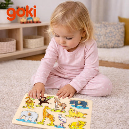 Goki Wooden Puzzles for Toddlers 1-3 I 1st Puzzle for 1+ Year Old I Safari Animal Toy with Large Knobs 9 pcs - Eco Friendly Wood Fine Motor Skills Toys - 1st Birthday Gift German Brand Quality
