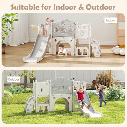 kinbor 6 in 1 Toddler Slide PlaySet - Indoor Outdoor Fun for Kids Ages 1-3, Includes Basketball Hoop, Telescope, Storage & Climber, Safe, Sturdy Baby Slide for Backyard Playground, Blue