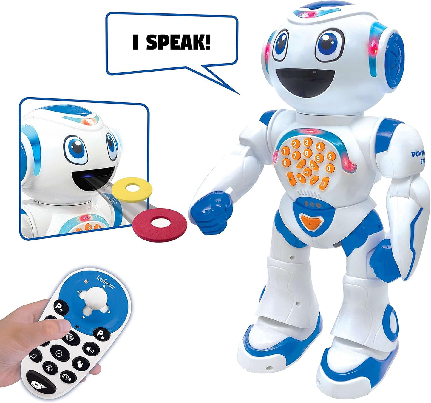 LEXiBOOK Powerman Max - Remote Control Walking Talking Toy Robot STEM Programmable Dances Sings Telling 10,000 Stories 300+ Learning Quiz Shooting Discs and Voice Repeat for Kids 4+ - ROB80EN, White