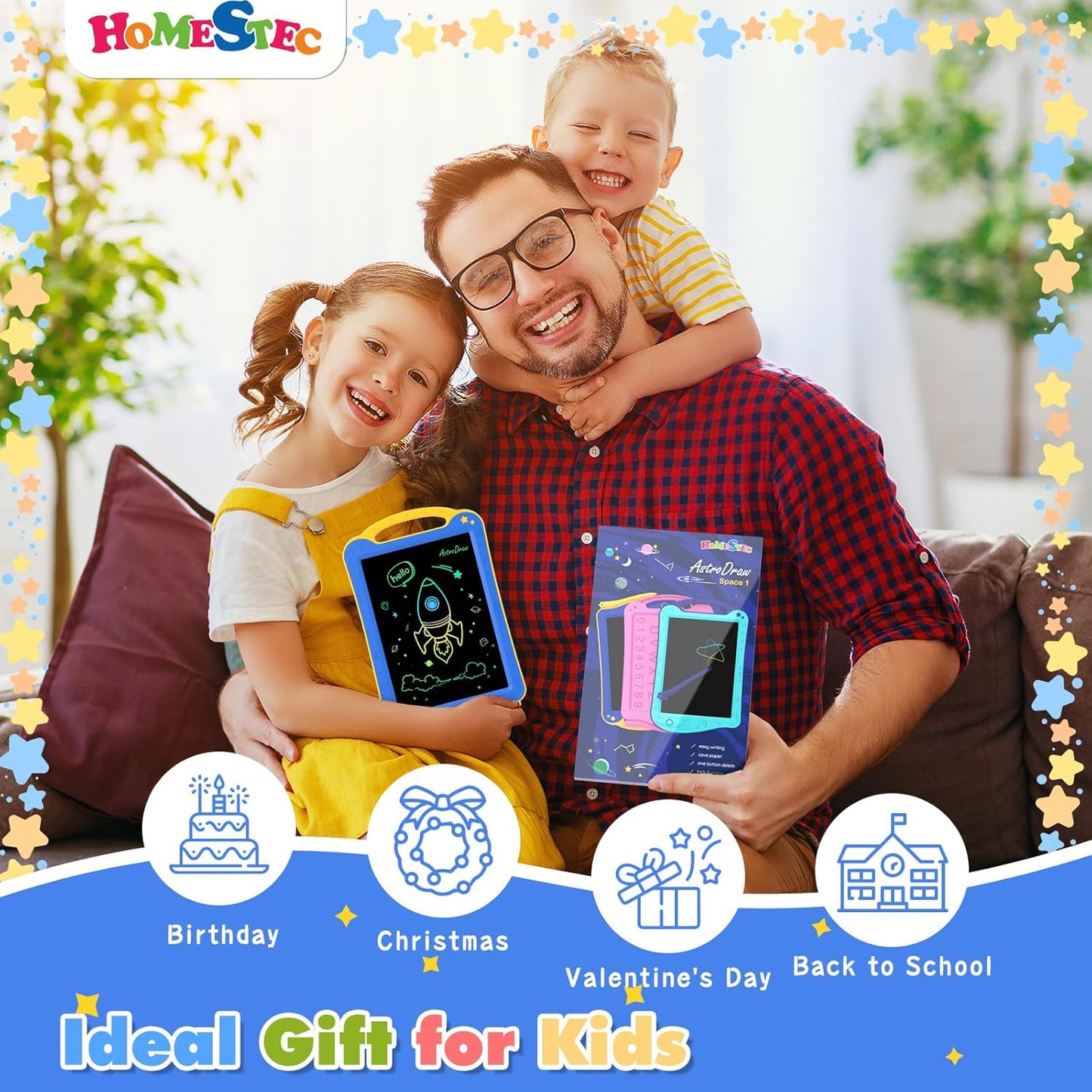 [ClimatePartner Certified] HOMESTEC Astrodraw Drawing Pad, Colorful LCD Writing Tablet for Kids, Doodle Board for Toddlers 3 4 5 6 Years Old, Travel Toy Birthday Gift for Boys Girls (Aqua/Purple)