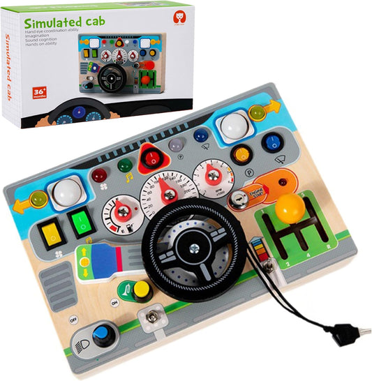 Wooden Montessori Busy Board for Toddlers 4-8 - Wooden Dashboard Steering Wheel Toy， Fine Motor Skill Development Toy for Kids 1-6， Educational Pretend Driving Busy Board for Boys & Girls