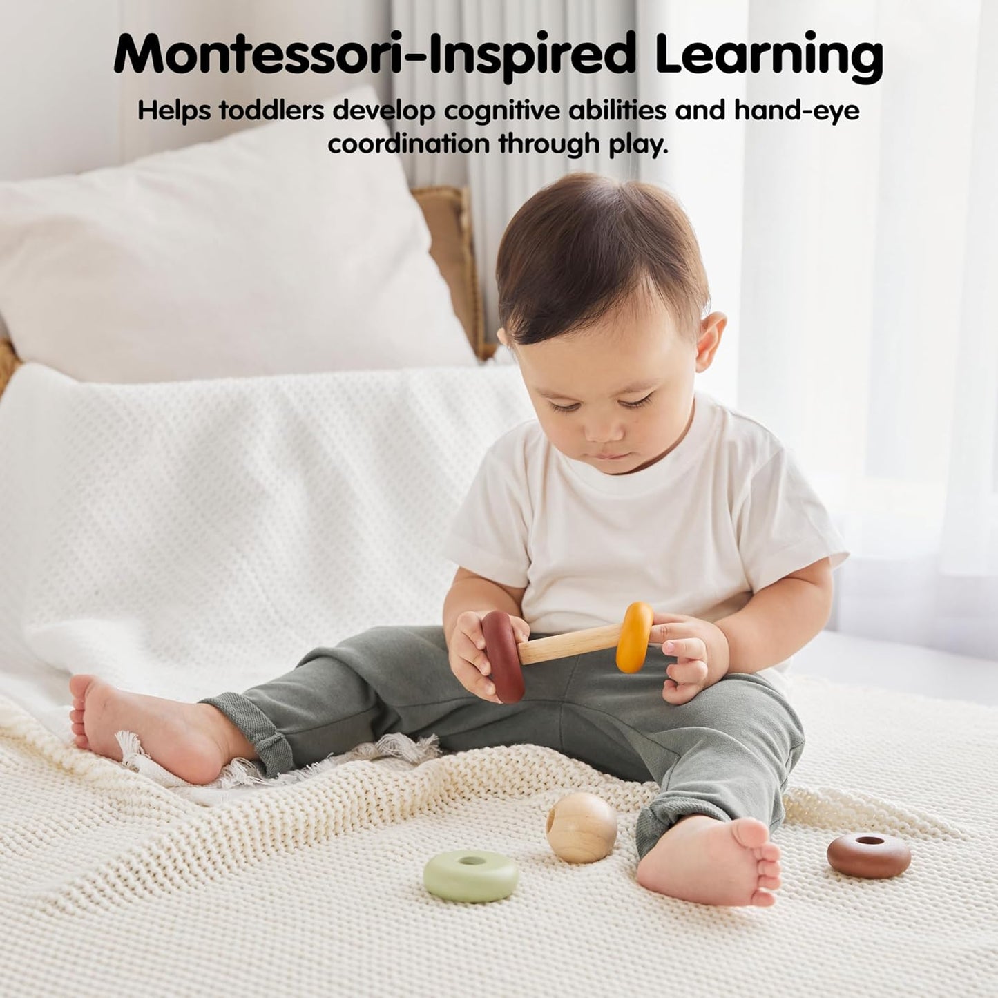 PlanToys® My First Stacking Toy Wooden Rings in Modern Rustic Shades | Montessori Fine-Motor Development Toy for Focus, Coordination & Early Learning | Eco-Friendly Educational Toy