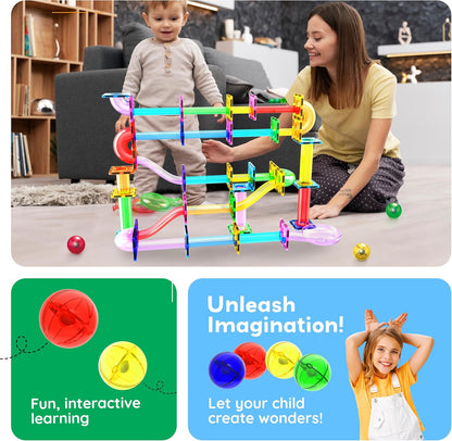 PicassoTiles 50pcs Magnetic Tiles Marble Run for Kids Race Track Toy Marble Maze Sensory Toys for Toddlers STEM Educational Set Magnet Building Blocks Construction Building Tiles Boys Girls 3+ PTG50