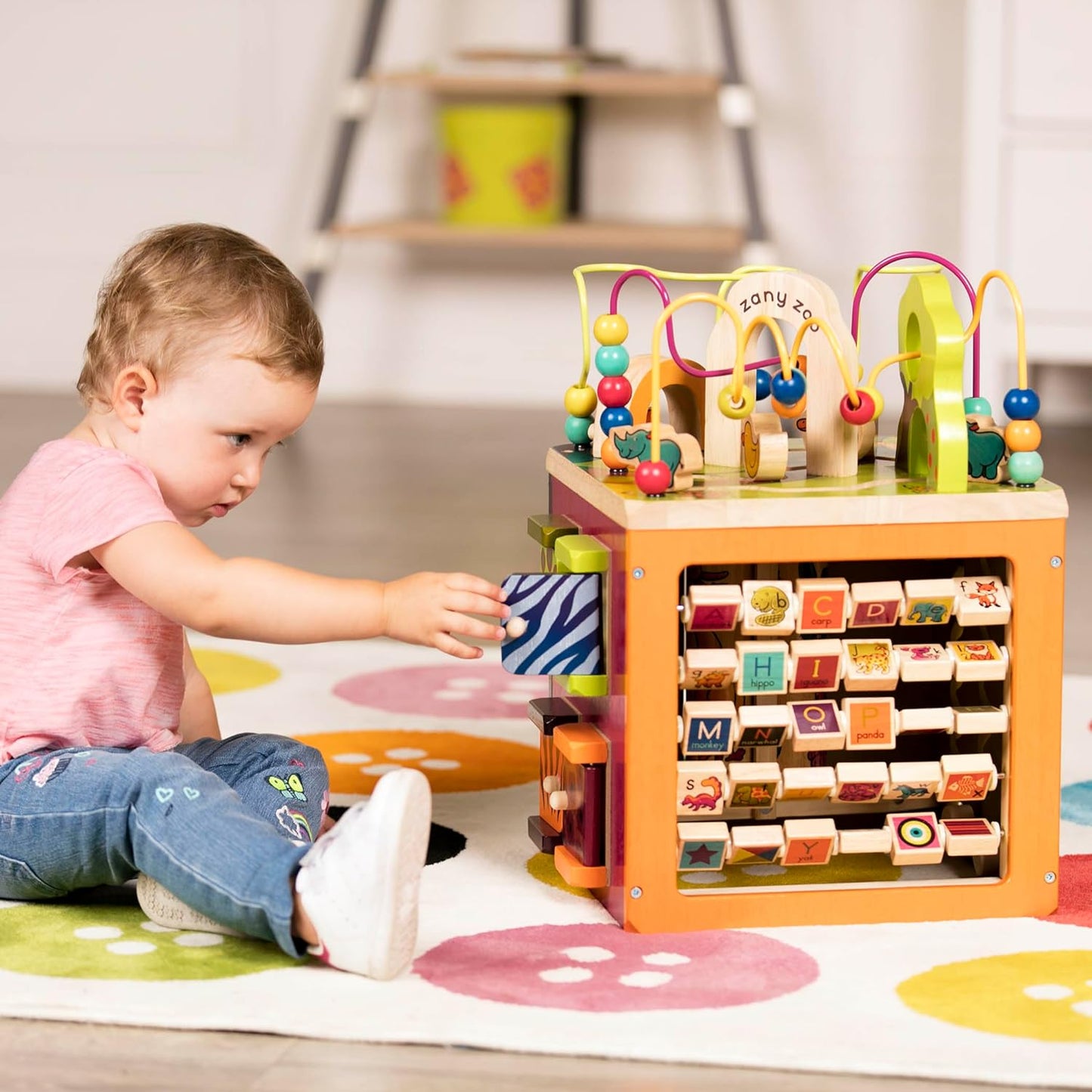 B. toys – Tabletop Activity Cube – Educational Storybook Included – Wooden Shape Sorter, Bead Maze, Animal Tiles – Top Flips for Compact Storage – 12+ Months – Lil' Learning Cube