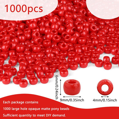 Red Pony Beads 1000Pcs 9mm Pony Beads Bulk Red Perler Beads for Friendship Bracelets Kandi Beads Hair Beads for Braids Beads for Crafts