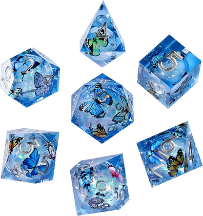 Liquid Core DND Dice Set, 7pcs Sharp Edge Dice for Role Playing Dungeons and Dragons Ttrpg with Gift Box, Handmade Resin D&D Dice RPG Role Playing Games Dice Set(Blue Gold)
