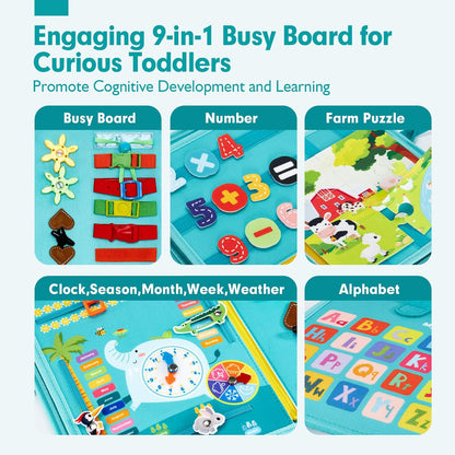 hahaland Busy Board for Toddlers - Montessori Toys Preschool Learning Activities with Life Skills, Alphabet, Number, Shape, Color, Animal, Weather - Toddler Boy Learning Educational Toys, Travel Toys
