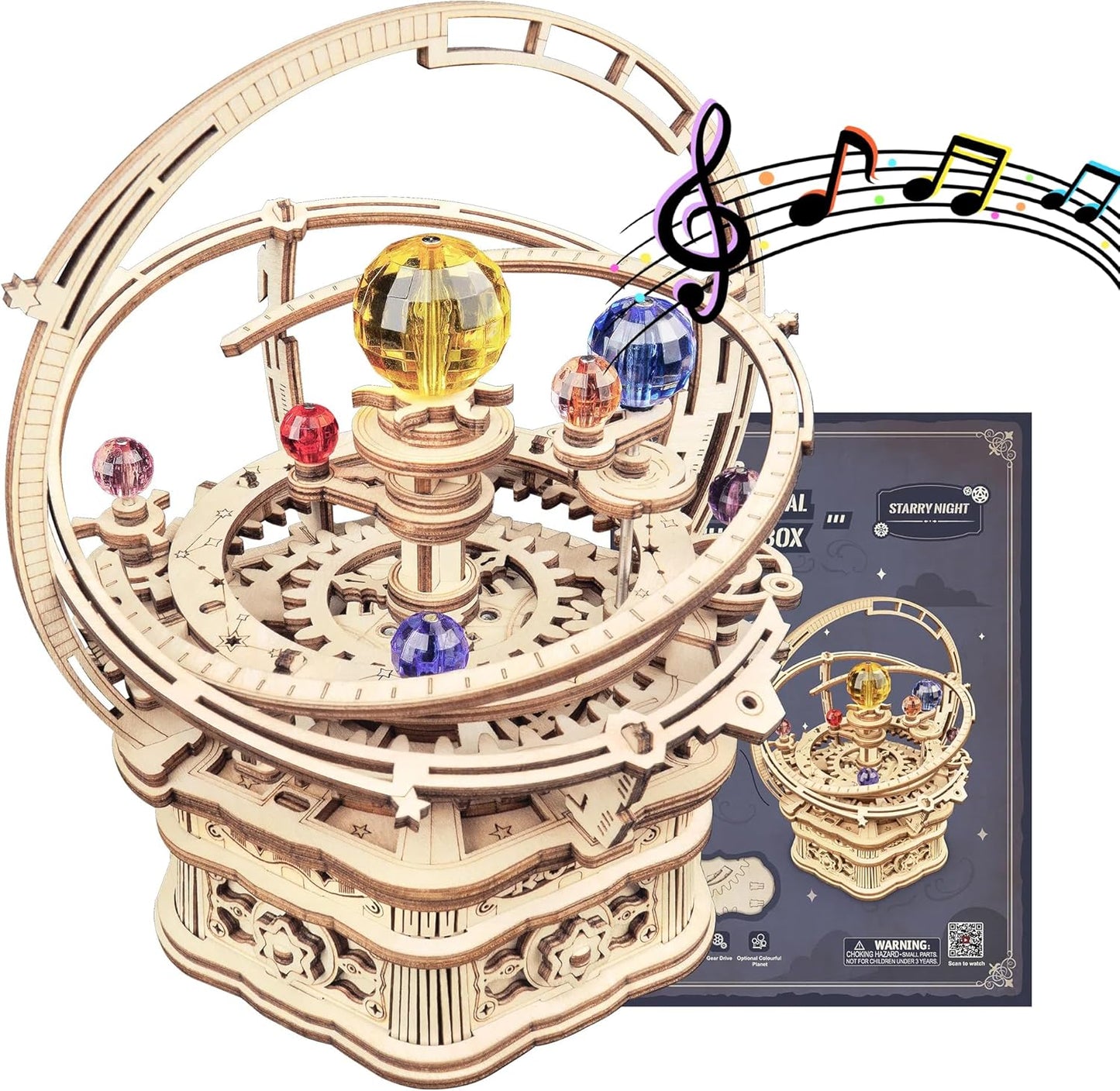 ROKR 3D Puzzles for Adults Orrery Music Box Wooden Model Building Set, DIY Wood Craft Kit Solar System Kit STEM Toys Gifts for Man/Woman
