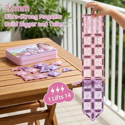 Magnetic Tiles Girls Travel Toy: 42 PCS Pink Glitter Building Blocks Castle Tin Box - 120 Mins Quiet Play 60s Cleanup - Toddler Kids Gift Age 3 4 5 6
