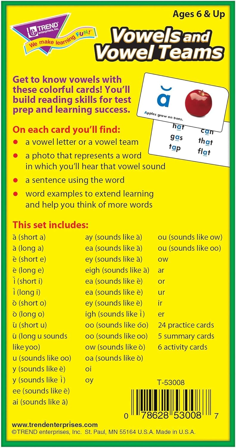 Trend Enterprises: Vowels and Vowel Teams Skill Drill Flash Cards, Sound-It-Out Hints, Photo & Sentence Cues, Great for Skill Building and Test Prep, 72 Cards Included, Ages 6 and Up