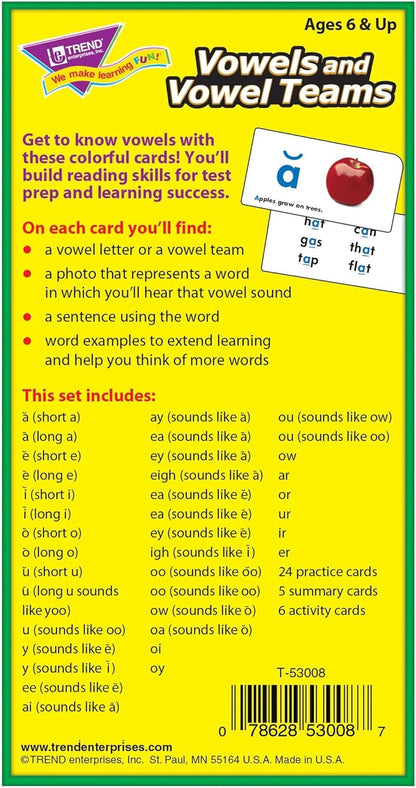 Trend Enterprises: Vowels and Vowel Teams Skill Drill Flash Cards, Sound-It-Out Hints, Photo & Sentence Cues, Great for Skill Building and Test Prep, 72 Cards Included, Ages 6 and Up