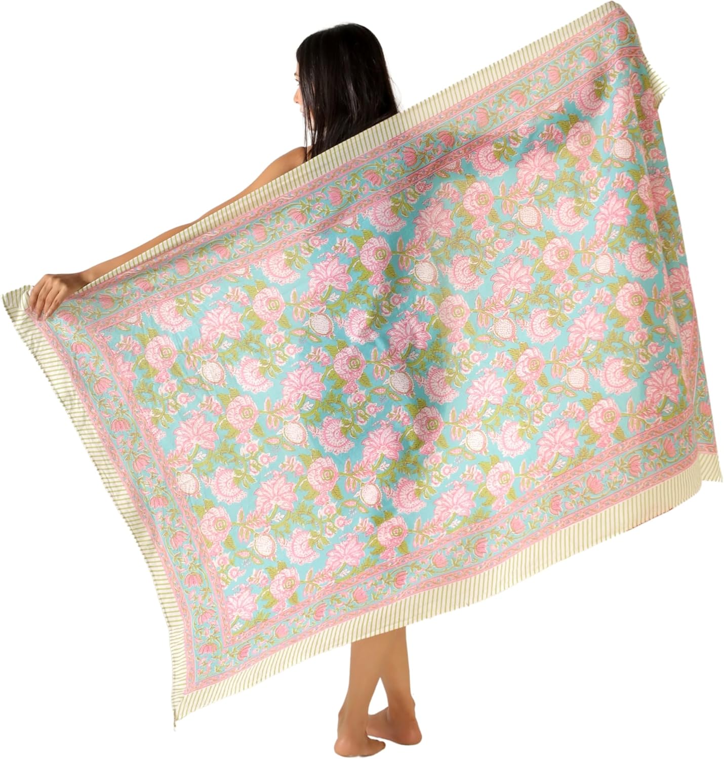 100% Cotton Sarong Cover Up for Women Indian Block Print Beach Wrap Skirt Long Boho Swimsuit Bikini Pareo (73” x 43”)