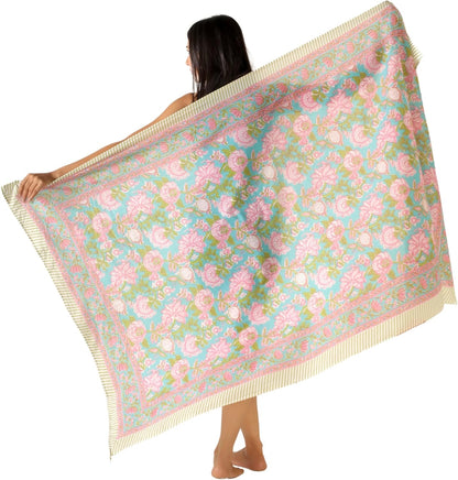 100% Cotton Sarong Cover Up for Women Indian Block Print Beach Wrap Skirt Long Boho Swimsuit Bikini Pareo (73” x 43”)