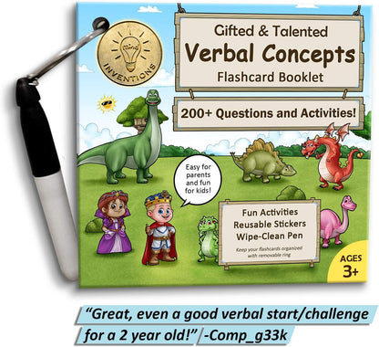 Gifted and Talented Flashcards (Wipe Clean) - Essential Verbal Concepts and Vocabulary; for Pre-K - Kindergarten; 90 flashcards with Over 200 Questions, Stickers, Fun Activities, Games, Pen Included