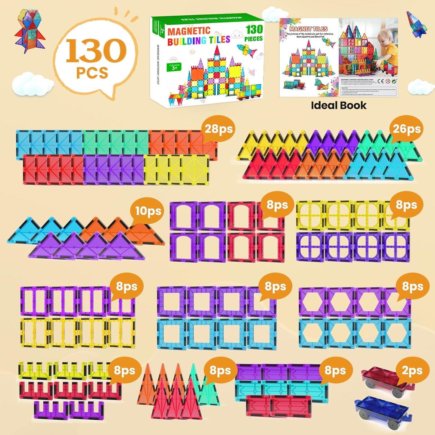 Paaxido Magnetic Tiles - 130PCS Magnetic Blocks for Kids, Magnet Tiles Building Blocks Set with 2 Cars, Construction STEM Magnet Toys Gift for Kids, Boys and Girls 3 4 5 6 7 8+ Year Old