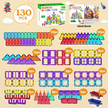 Paaxido Magnetic Tiles - 130PCS Magnetic Blocks for Kids, Magnet Tiles Building Blocks Set with 2 Cars, Construction STEM Magnet Toys Gift for Kids, Boys and Girls 3 4 5 6 7 8+ Year Old
