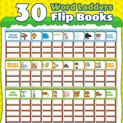 Sight Words Flash Cards Kindergarten, 30 Word Ladder Flip Books for Kids, Phonics Word Family Build Book, Reading & Spelling Games, Preschool Learning Activities, Homeschool & Classroom