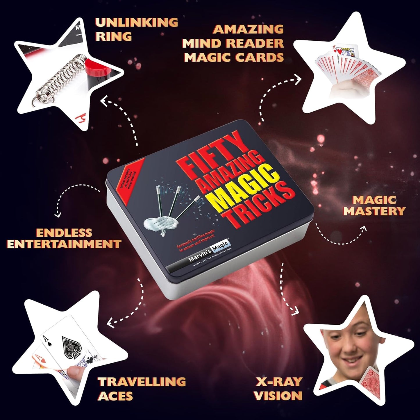 Marvin's Magic - Fifty Greatest Card Tricks Set - Children & Adults Magic Card Deck - Includes Card Illusions, Close up and Mind Reading Tricks - Comes in Gift Set Tin - Suitable for +8 - Cool Stuff