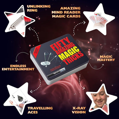 Marvin's Magic - Fifty Greatest Card Tricks Set - Children & Adults Magic Card Deck - Includes Card Illusions, Close up and Mind Reading Tricks - Comes in Gift Set Tin - Suitable for +8 - Cool Stuff