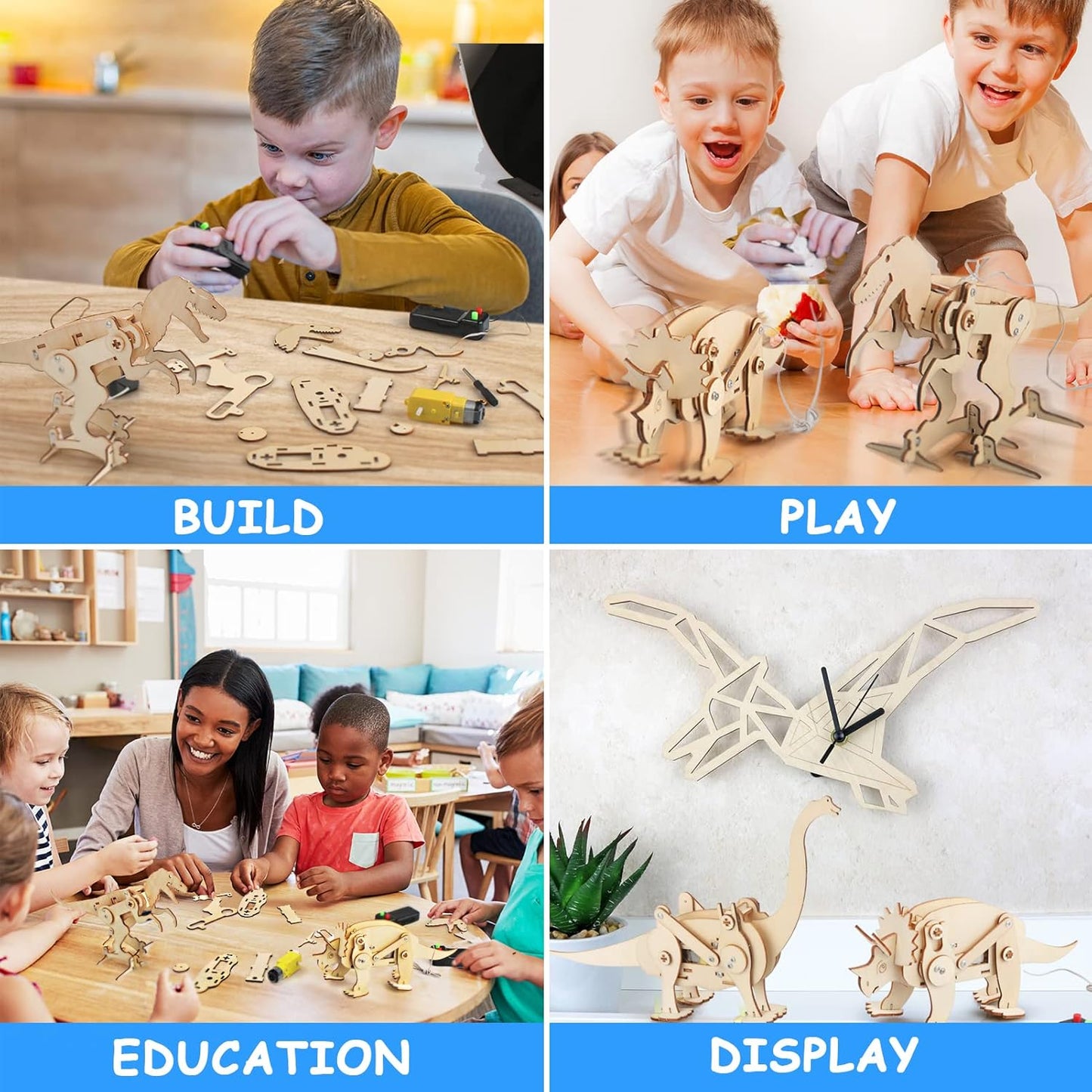 Poraxy Dinosaur Toys, 4 in 1 STEM Kits for Kids Age 8-10, Toys for Ages 8-13, Educational Science Building Projects, 3D Wooden Puzzles Robot Crafts, Gifts for Boys Girls 7 8 9 10 11 12 13 Year Old