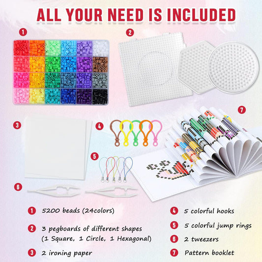 QUEFE 5200pcs Fuse Beads Kit for Boys and Girls, 24 Colors 5mm Melting Beads Set Including Pegboards, Ironing Paper, Tweezers, Colorful Hooks for Birthday and Christmas Gift