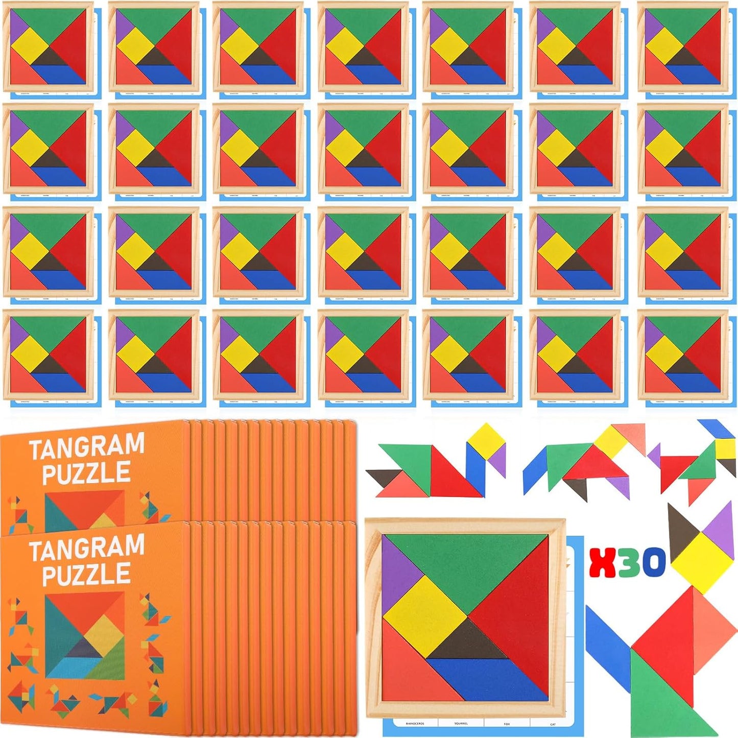 Dunzoom 50 Pack Tangram Puzzle Wooden Pack Bulk Kid Party Favors Stem Jigsaw Game Educational Shape Puzzle Toy Goodie Boxes Stuffers for Kids 4-8 Classroom Prize Reward Birthday (Vibrant Bright)