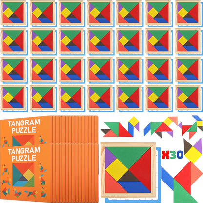 Dunzoom 50 Pack Tangram Puzzle Wooden Pack Bulk Kid Party Favors Stem Jigsaw Game Educational Shape Puzzle Toy Goodie Boxes Stuffers for Kids 4-8 Classroom Prize Reward Birthday (Vibrant Bright)