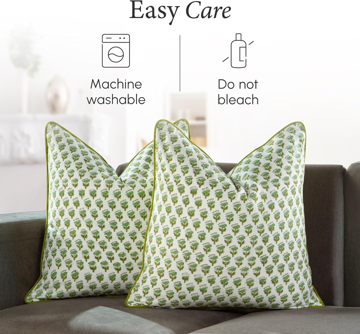 CPC 100% Cotton Throw Pillow Covers 18x18 Inch, Set of 2 Green Block Print Pattern Couch Pillow, Cute Boho Decorative Pillows for Living Room, Bedroom with Hidden Zipper- Agate Green