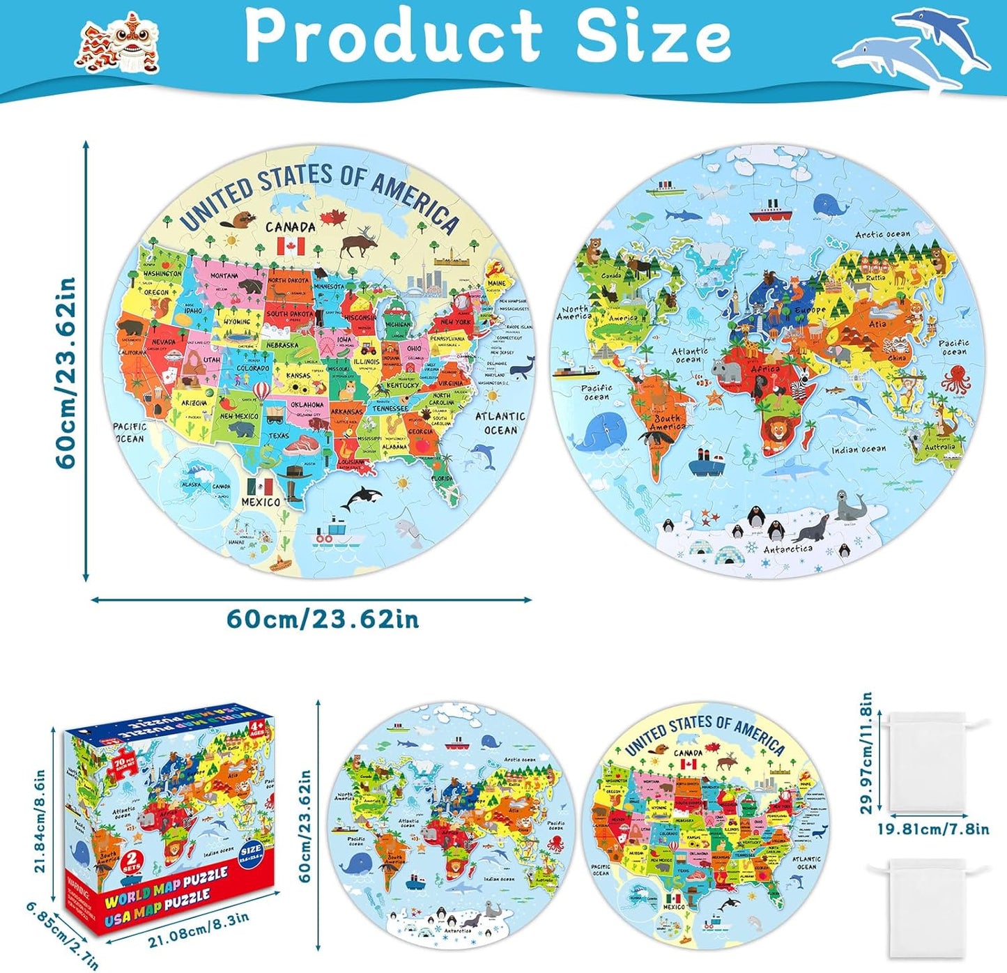 2 Sets World Puzzle United States Map Puzzle with Poster World and US Geography Jumbo Round Floor Puzzles Jigsaw for Kids Ages 3-5 Educational Learning Toys Puzzles Valentines Birthday Gift 70 Pieces