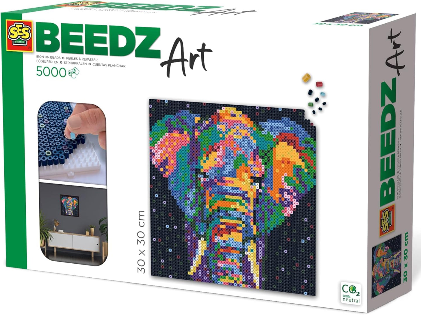 SES Creative: Beedz Art - Elephant Fantasy - Iron-On Beads Set - 500 Fusible Beads, 12x12 Animal Design Wall Art, DIY Craft Activity, Teens & Adults
