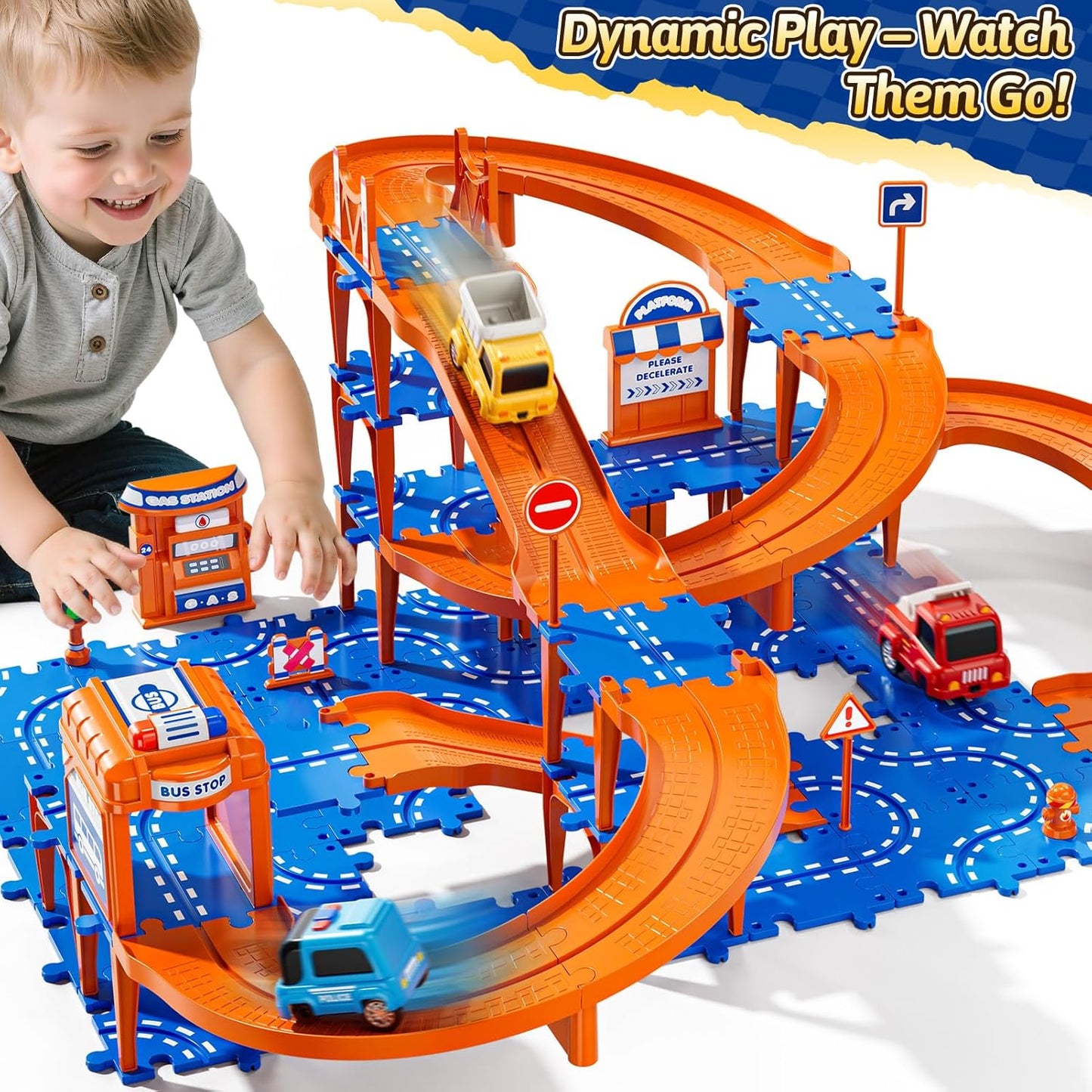 Toddler Puzzles Track Cars Toys for Kids, Boys and Girls Age 3-5 4-7, Floor Puzzle Race Track with Cars and Road Signs, Birthday Toy Games for 3 4 5 6 7 8 Year Old Birthday Gifts