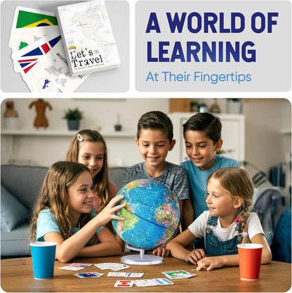 SMART WALLABY 9" Illuminated Educational Kids World Globe + STEM Flags & Countries Interactive Card Game. 3 in 1 Children Desktop Spinning Earth Political & Constellation Maps, LED Night Light Lamp