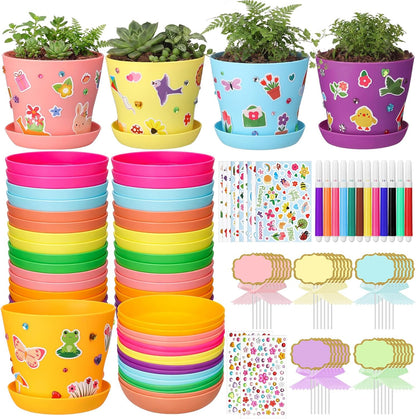 Funnymoom 48 Pcs Garden Plastic Paintable Flower Pot Craft Kit DIY Painting Flower Pots with Watercolor Stickers Pipe Cleaners Growing Kits for Home Summer Mother's Day Fun Activity (Clean)