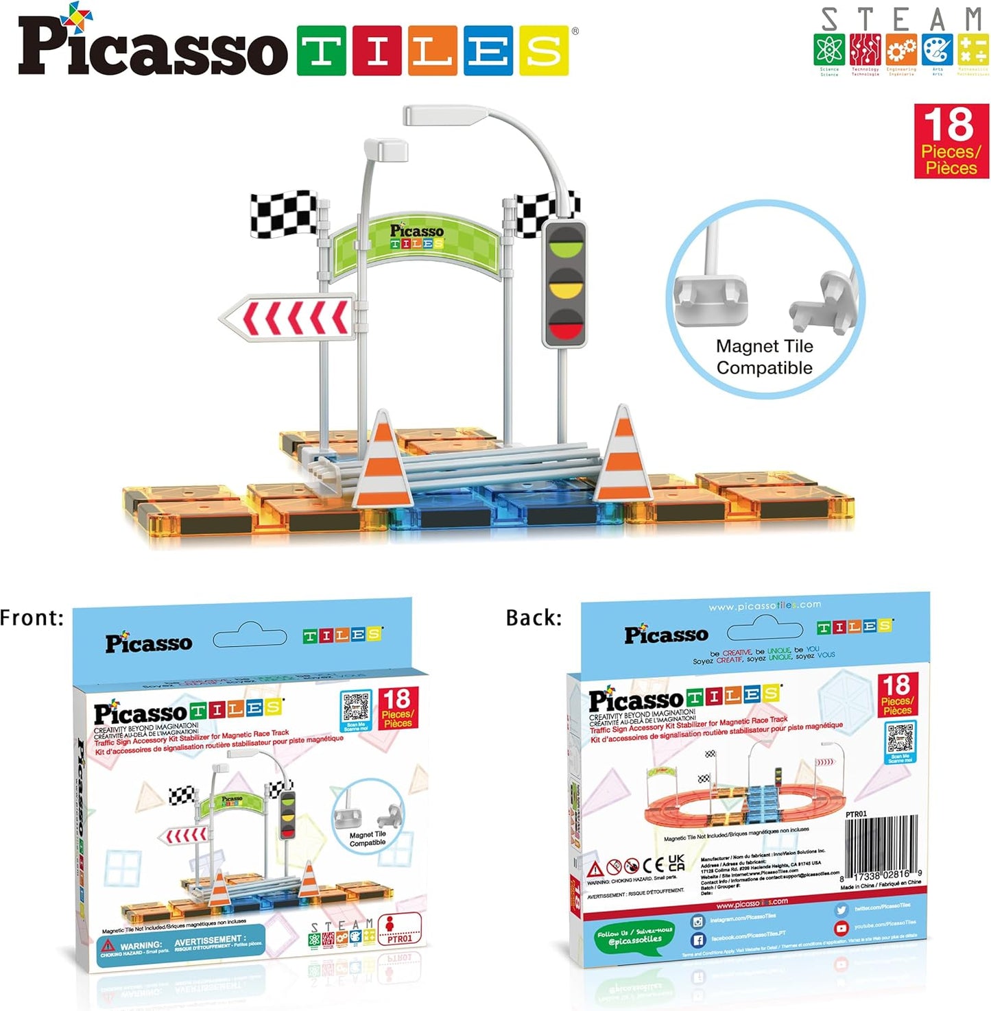 PicassoTiles Magnetic Tiles Race Track Car Thrilling Toy Playset Includes 2 Racing Trucks STEM Educational Magnet Tile Building Block Construction Set for Toddlers Boys Girls Ages 3 and Older PTR30