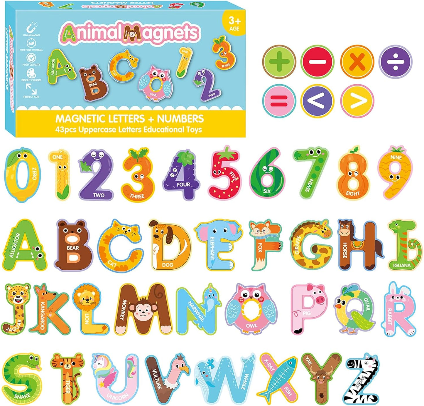 Magnetic Letters and Numbers for Fridge, Cute Colorful Animal Alphabet 26 Uppercase Letters 0-9 Numbers, Fridge Magnets Set for Learning Spelling Girls