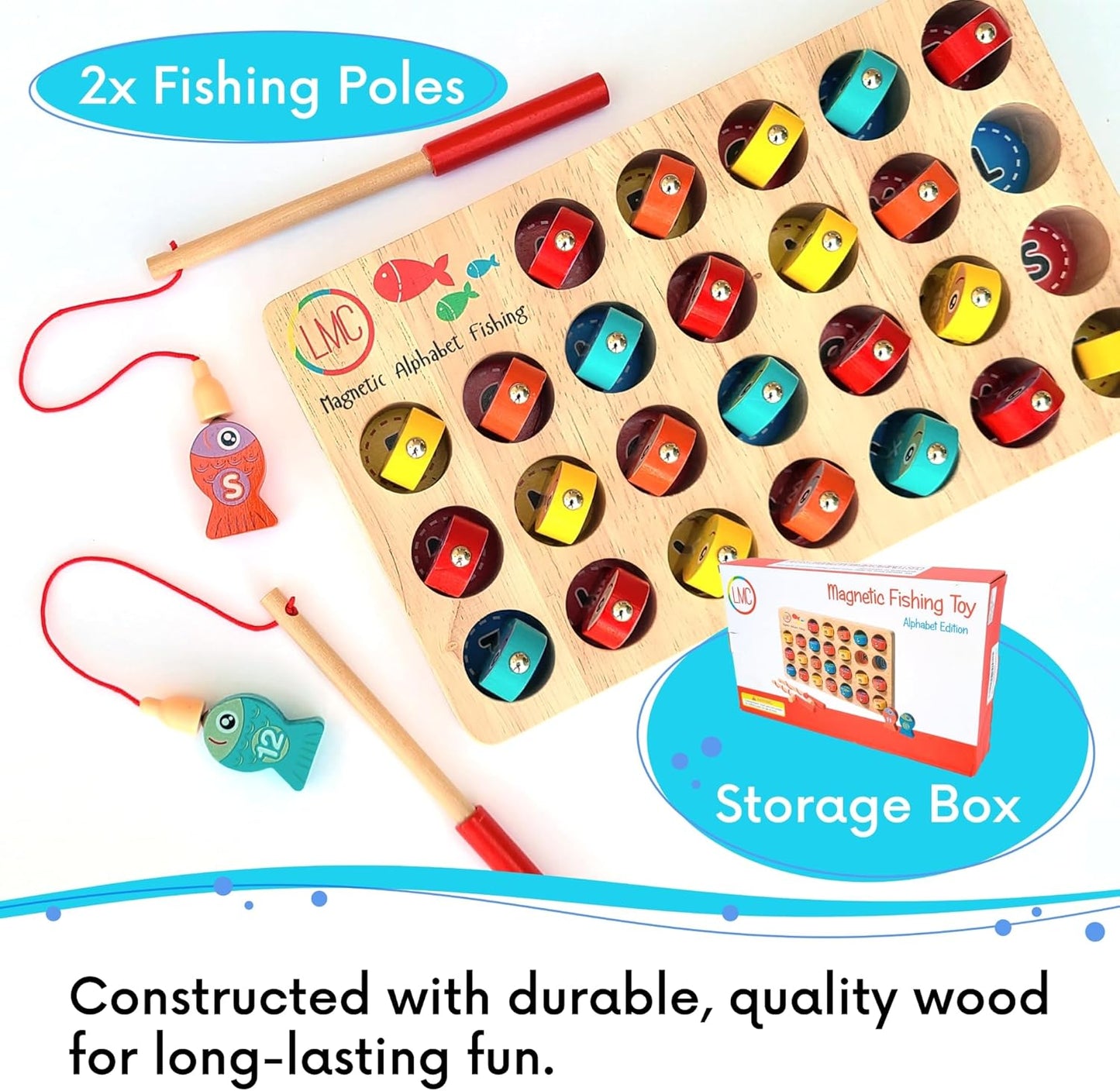 Magnetic Alphabet Fishing Toy - Letters, Numbers, & 2 Fishing Poles - Alphabet & Math Learning Toys - Magnetic Fishing Game for Toddlers Ages 3+, Educational Toys (Wood, 1)