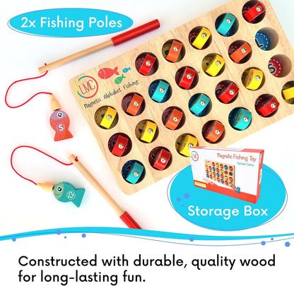 Magnetic Alphabet Fishing Toy - Letters, Numbers, & 2 Fishing Poles - Alphabet & Math Learning Toys - Magnetic Fishing Game for Toddlers Ages 3+, Educational Toys (Wood, 1)