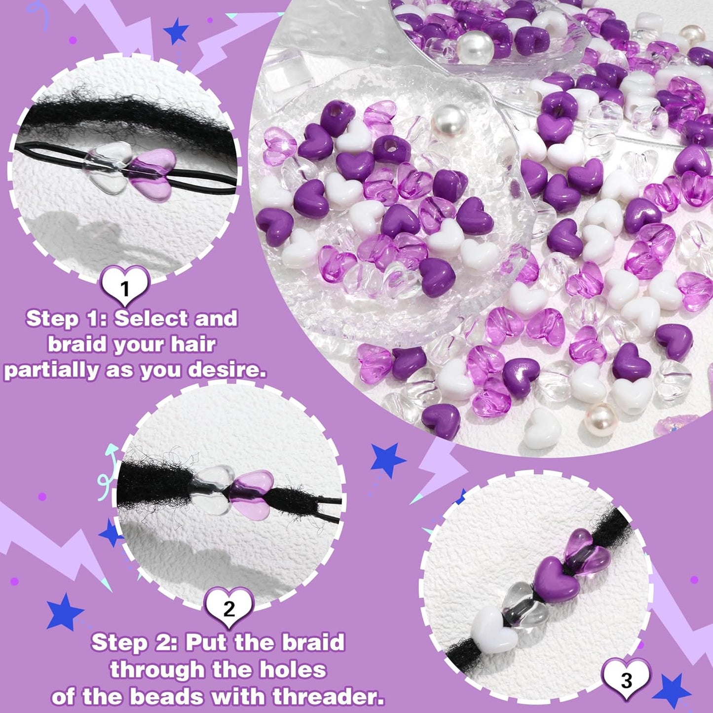 88PCS Pink White Hair Beads for Braids Lovely Heart Shape Loc Dreadlock Valentine's Day Bead Accessories Cute Acrylic Small Pony Beads for Kids Girls