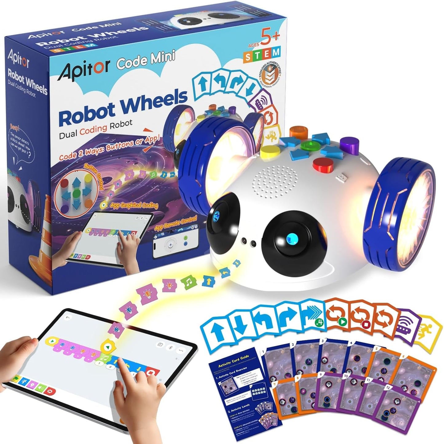 Apitor Coding Robot Toys for Kids Ages 5+, STEM Robot Toy Kit with Wheels and Play Cards, Screen Free Remote Control Programming Interactive Toy for Boys and Girls Ages 5-8