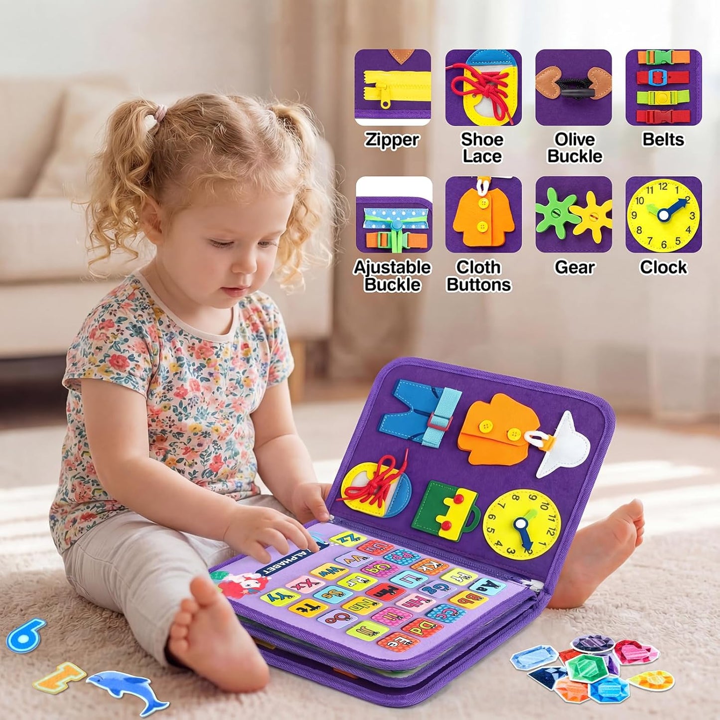 Toddler Busy Board Montessori Toys for Toddlers 1-3 2-4 Girls Birthday Gifts, Educational Activity Book Board Sensory Learning Toys, Airplane Car Travel Toys