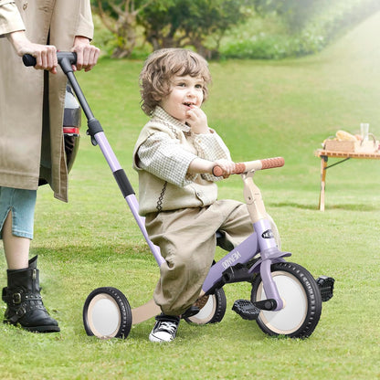 newyoo Toddler Tricycle with Push Handle for 1-3 Year Old, Toddler Bike, Birthday Gift and Toy for Boys and Girls, 5 in 1 Kids Trike, Balance Bike with Backrest and Safety Belt, Khaki, TR007