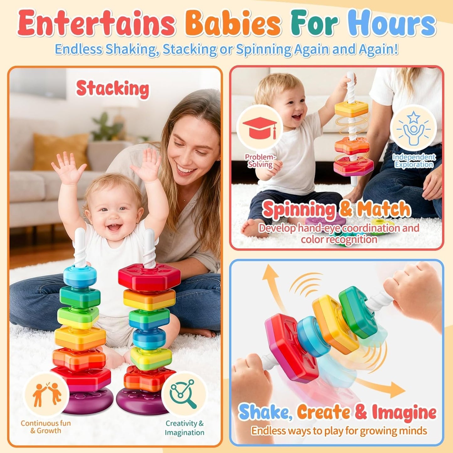 Baby Spinning Stacking Toys for Toddlers 1-3, Sensory Montessori Toys for One Year Old Girl Boy, Rainbow Ring Stacker Tower, Educational Learning Toy, Perfect Christmas Birthday Gifts
