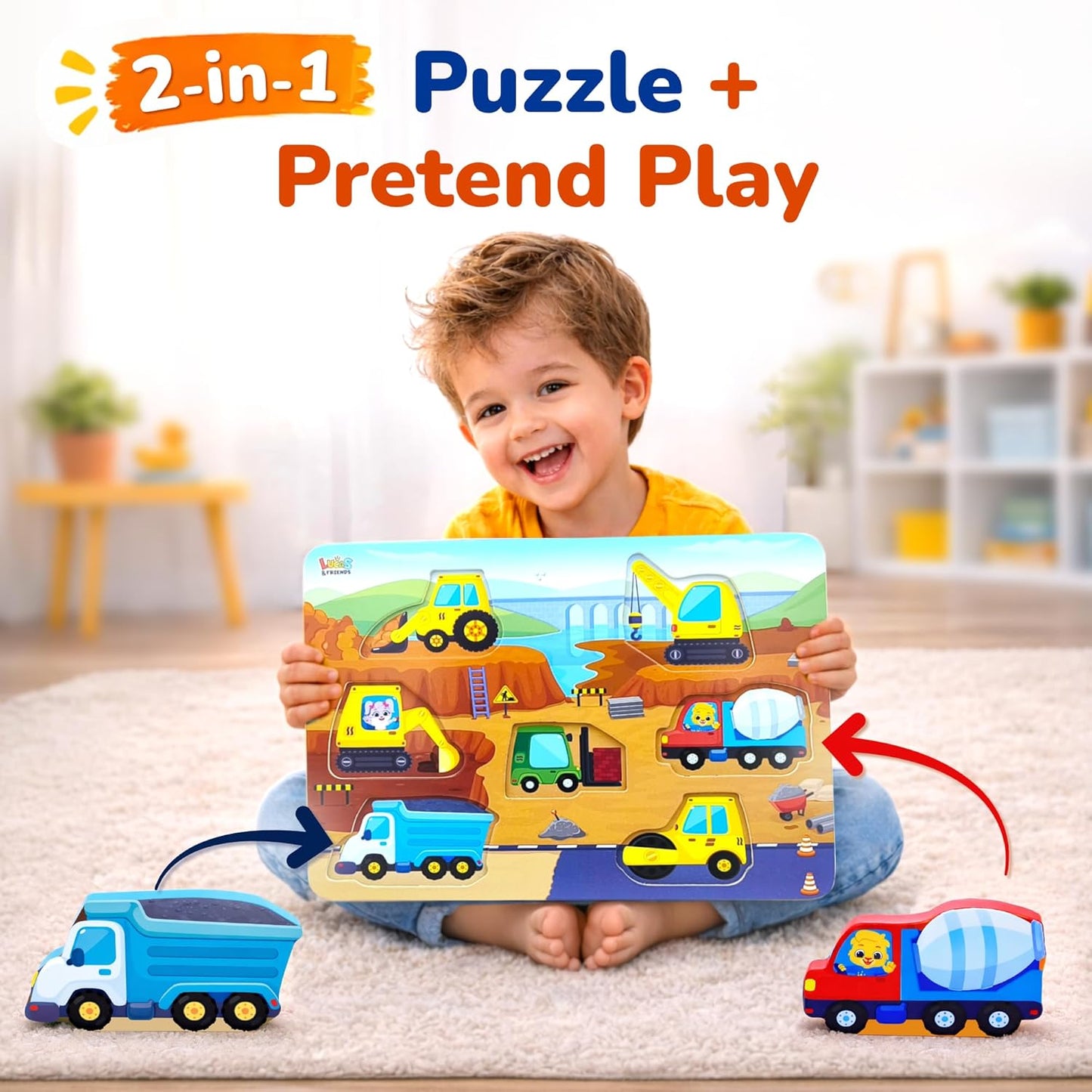 Lucas & Friends Wooden Construction Vehicle Peg Puzzle for Toddlers 2-4, 7-Piece Montessori Matching Board, Extra-Thick Easy-Grip Trucks,Preschool Learning Toy - 12”x 9”