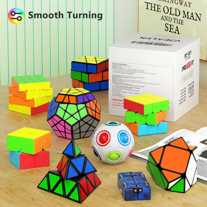 Vdealen Speed Cube Set, 7 Pack Puzzle Cube Bundle Fidget Ball 2x2 3x3 4x4 Pyramid Dodecahedron Rainbow Snake Magic Cube, Smooth Cube Game Toys Gift for Kids & Adults