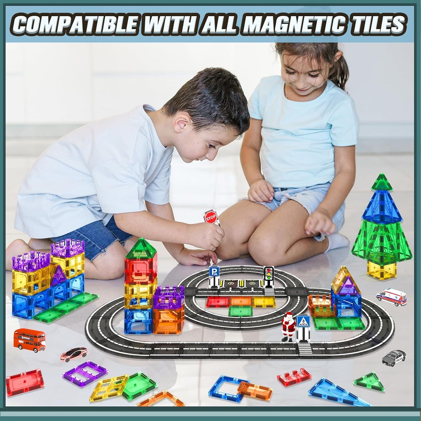 104 PCS Magnetic Tiles Road Set, STEM Construction Toys for Kids Ages 3-5 5-7 4-8, Magnet Building Blocks for Toddler Toys Games, Christmas Birthday Gifts for 3+ Year Old Boys Girls