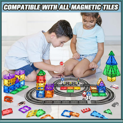 104 PCS Magnetic Tiles Road Set, STEM Construction Toys for Kids Ages 3-5 5-7 4-8, Magnet Building Blocks for Toddler Toys Games, Christmas Birthday Gifts for 3+ Year Old Boys Girls