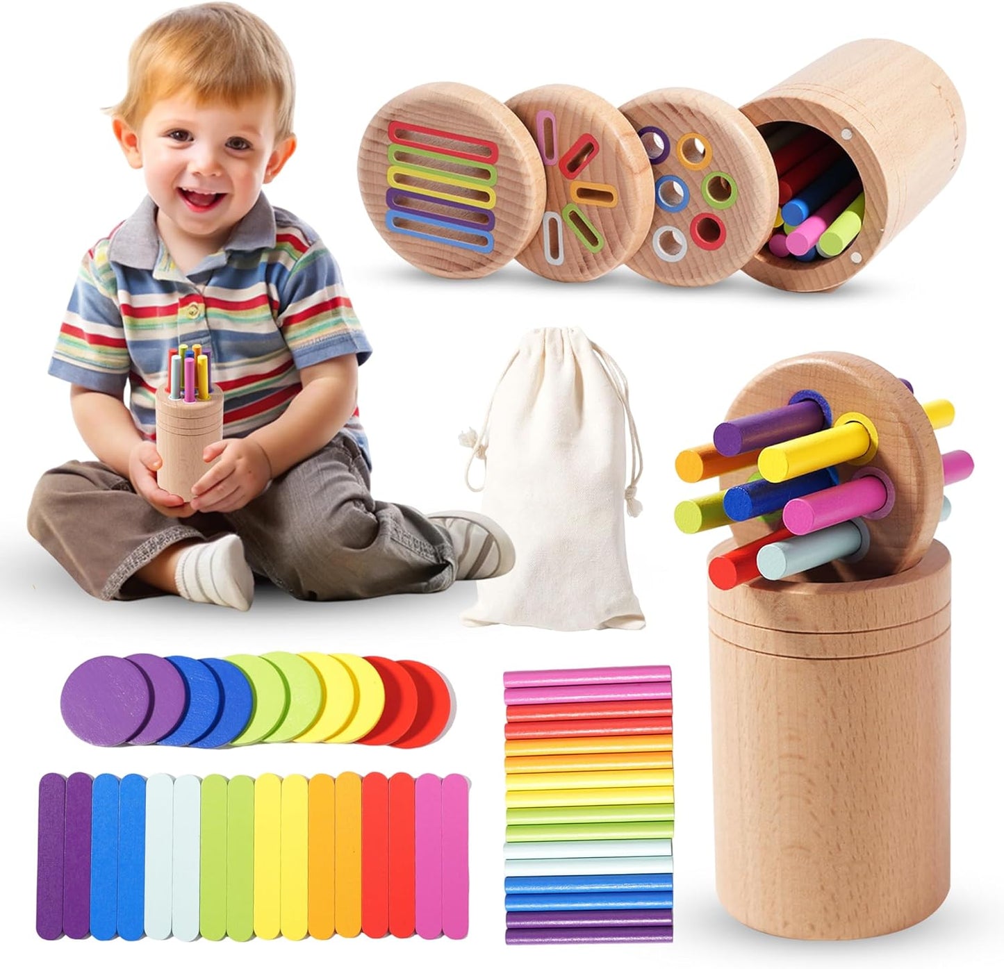 YAANI Montessori Toys for 1-3 Year Old: Wooden Sorting Sticks Toys for Toddlers Age 1 2 3, Fine Motor Developmental Infants Sensory Matching Games, Busy Board 18 Month Old Baby Boys Girls Gifts